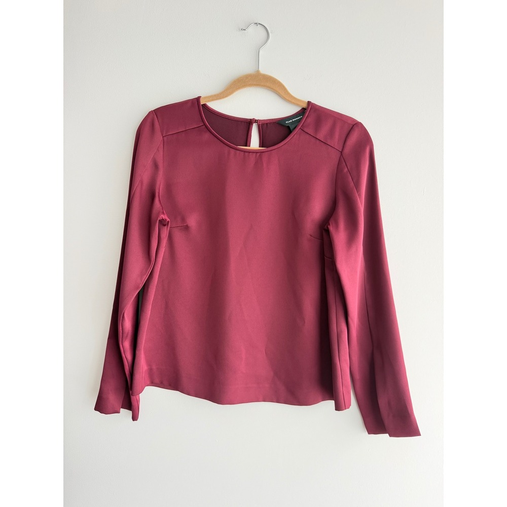 Club Monaco Women Burgundy Satin Long Sleeve Keyhole Back Blouse Split Cuff SM